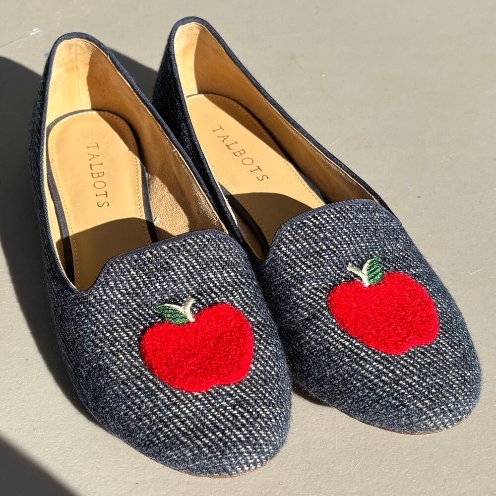 Talbots Ryan Loafers Apple Embroidered Tweed Navy Women 8.5M Preppy Whimsical